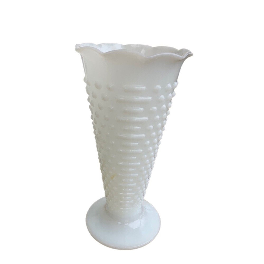 Large White Milk Glass Hobnail Trumpet Vase Scalloped Edge Vintage  9 1/2 Dash
